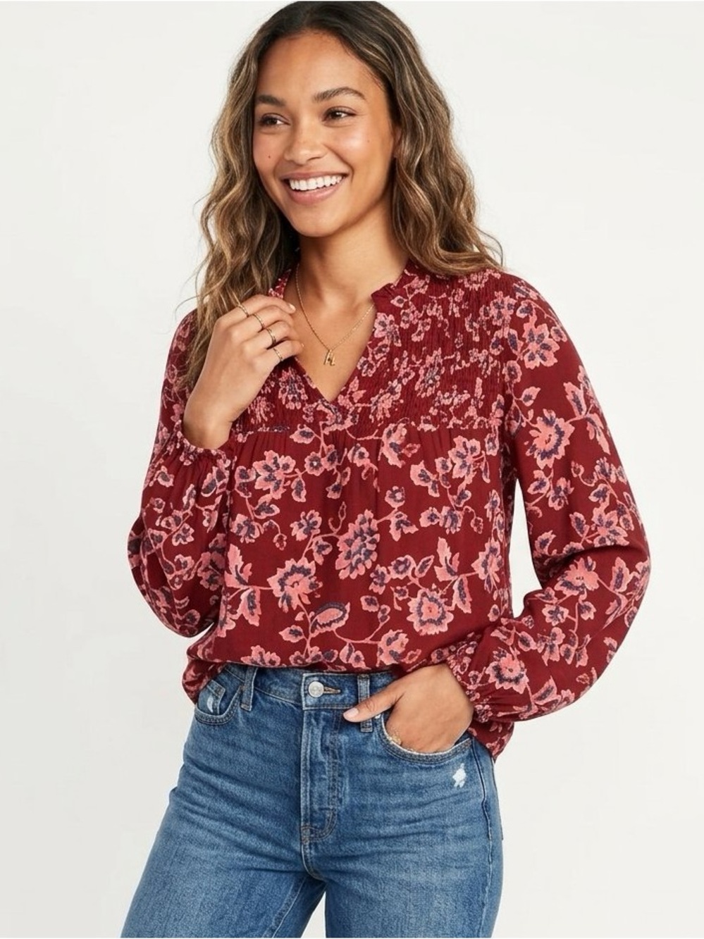 Lucky Brand Deep Red Floral Pintuck Blouse